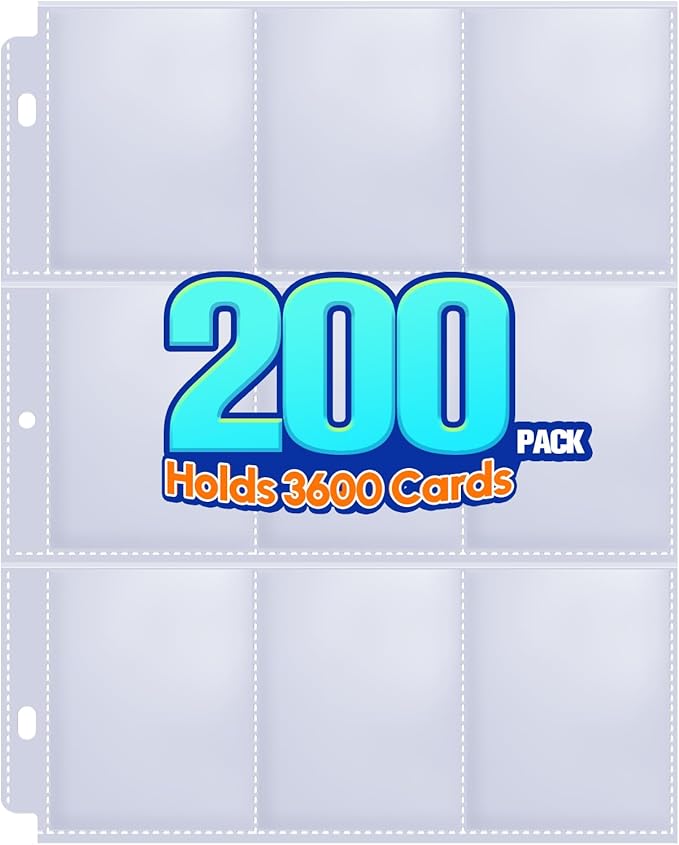 200 Pack 9 Pocket Trading Card Sleeve Pages,Page Protectors Card Sleeves Binder Sheets for 3 Ring Binder,Card Binder Sleeves for Baseball, Football, Game Sport Business Cards