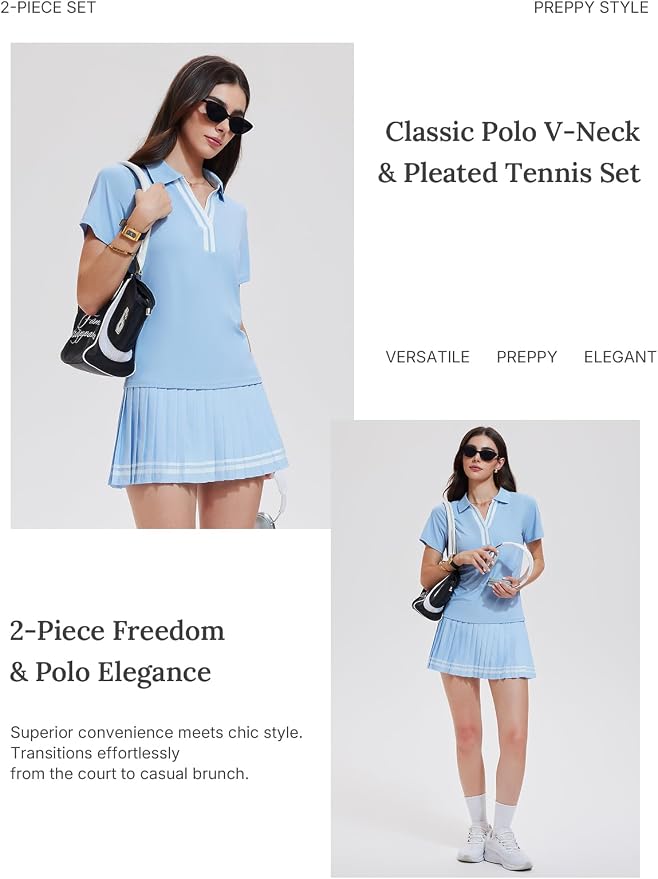Women 2 Piece Tennis Skirt Set Pleated Golf Outfit, Polo V-Neck Athletic Dress Alternative Skort Set for Pickleball Pockets