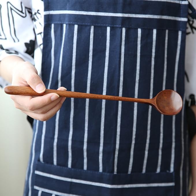 Long Spoons Wooden, 5 Pcs Korean Style 10.9 inches 100% Natural Wood | Long Handle Round Spoons for Soup Mixing Stirrer Kitchen Tools Utensils