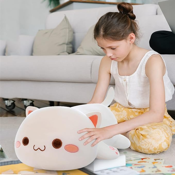 FUYU Cat Stuffed Animals, Soft Cat Plush Pillow Kawaii Kitten Stuffed Animal Toy Gifts for Kids Boys Girls Room Decor (White Round Eyes,35in/87)