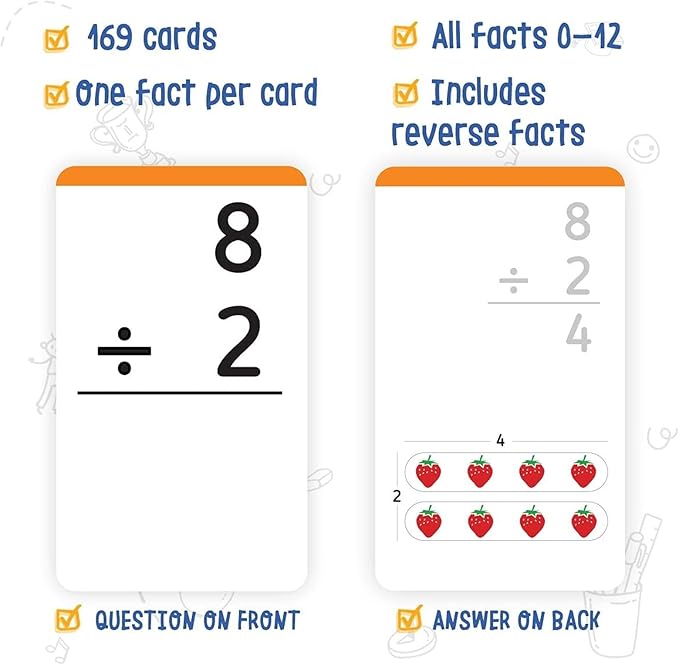 merka Third Grade Division Flash Cards - 169-Card Set, Multicolor Cardstock - 0-12 Division Facts Flashcards with Ring & Answers on Back - Classroom & Homeschool Math Manipulatives