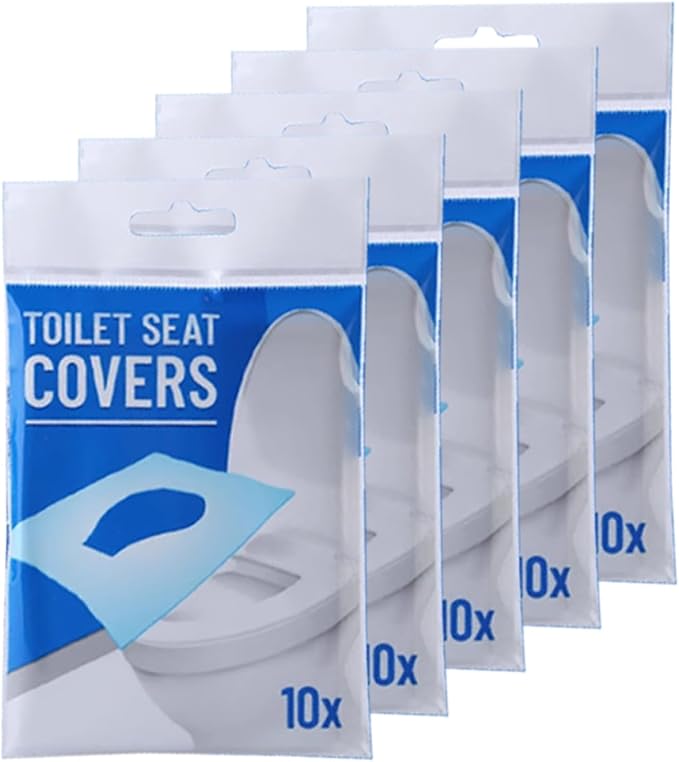 Flushable Toilet Seat Covers - 14x16.5" Individually Wrapped, 50 Count(5x10 Pack) | Disposable & Portable for Travel | For Airplane, Camping, Public Restrooms | Adult & Kids Potty Training