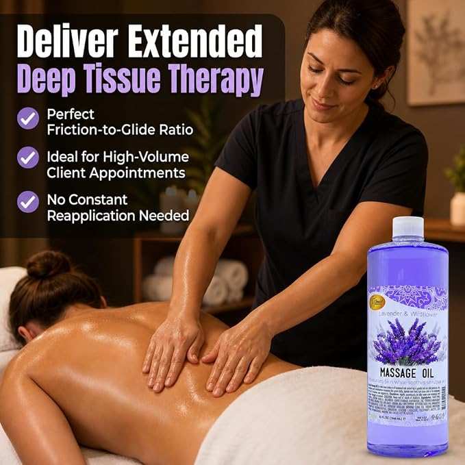SPA REDI Lavender Massage Oil – Zero-Residue Botanical Blend for Deep Tissue & Dry Skin Care | Vitamin E, Avocado & Almond Oil | Sulfate-Free, Cruelty-Free | Professional & At-Home Use | 32 oz