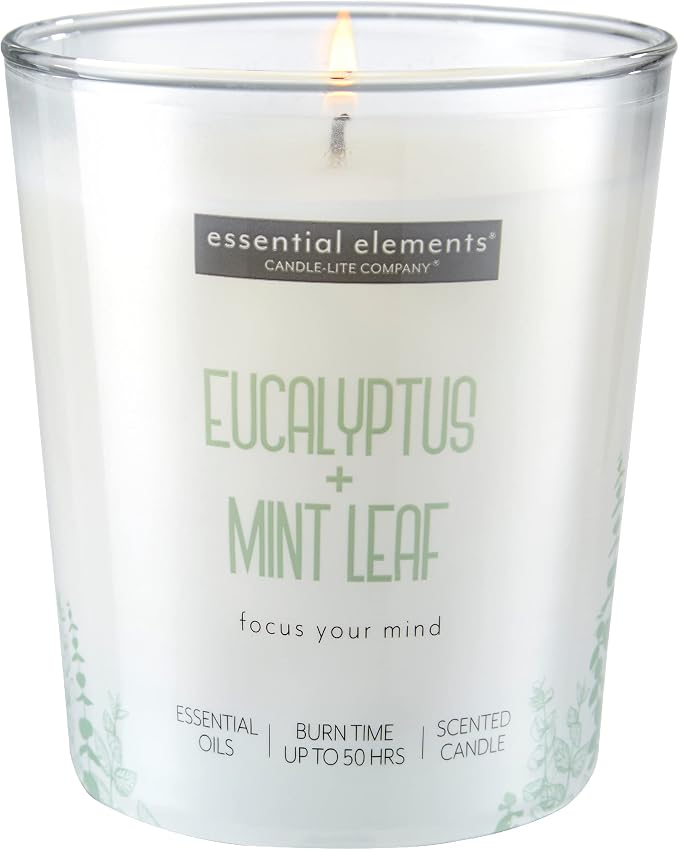 Essential Elements by Candle-lite Scented Candles Eucalyptus & Mint Leaf Fragrance, One 9 oz. Single-Wick Aromatherapy Candle with 50 Hours of Burn Time, Off-White Color