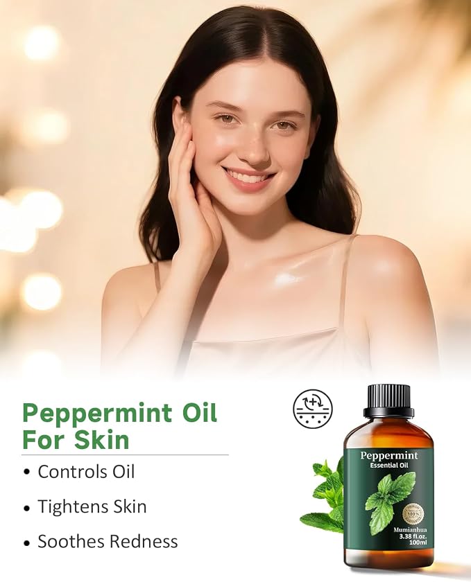 Peppermint Essential Oil, Minty Scent, Diffuser, Outdoor & DIY, 3.38 Fl Oz | Mumianhua Peppermint Oil. Fresh, Cooling Scent. For Focus, Outdoor, Scalp & Skin. DIY Cleaning & Diffusion