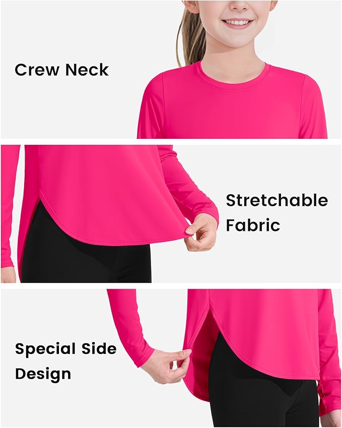 JOCMIC Girls Long Sleeve Shirts Kids Athletic Quick Dry UPF 50+ Sun Shirt Basic Tees for Gym Yoga Tops