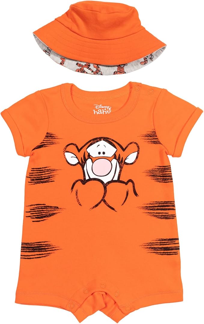 Disney Baby Romper and Reversible Bucket Sun Hat Outfit Set Newborn to Infant Sizes (Newborn - 24 Months)
