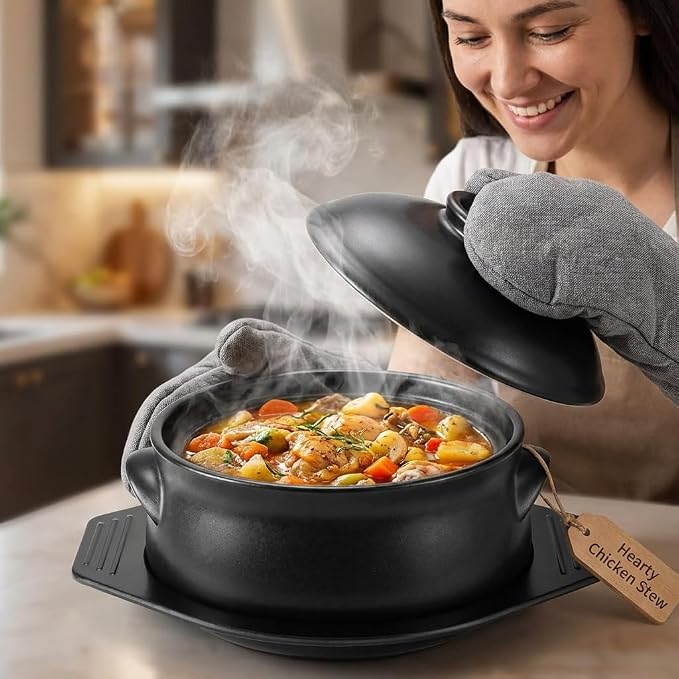 2 Pcs Korean Stone Pot Clay Cooking Pot Set, 38 oz Heat Resistant Ttukbaegi,Ceramic Dolsot Bowl with Lid & Trivet, ideal for Bibimbap, Korean Soup, Stew, Ramen & Rice