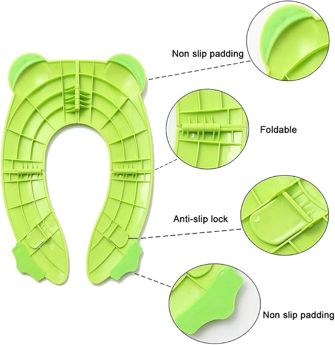 Toilet Potty Training Seat Cover, Travel Toilet Seat, Folding Non Slip Silicone Pads, Travel Portable Reusable Kids Toddlers Boys Girls, Carry Bag (Green - Frog)