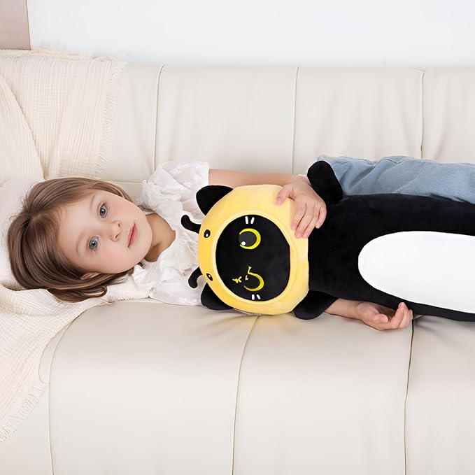 36 inch Bee Black Cat Long Plush Body Pillow Toy, Kitten Plushies with Stuffy Honeybee Oufit Big Stuffed Animals Gfit for Kids Boys Girls, Birthday