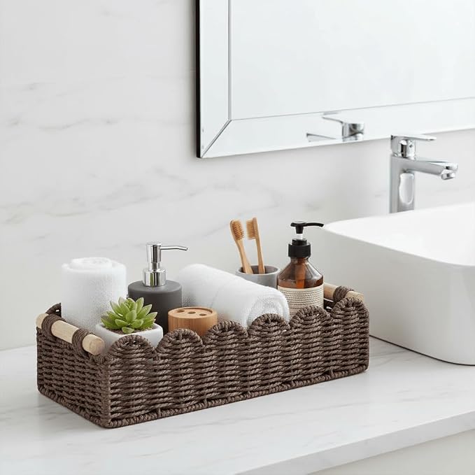 CubesLand Scalloped Toilet Paper Storage Basket W/Handle for Home Decor | Paper Rope Toilet Organizer Basket for Countertop, Over Toilet Shelf, End Table, Living Room Cozy Decorative & More, Brown