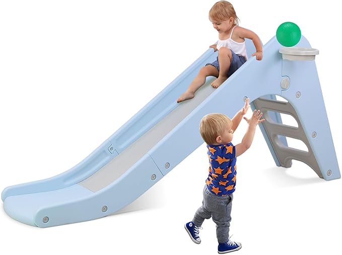 Arlopu Freestanding Kids Slide, Toddler Slide Climber with Basketball Hoop & Ball, Baby Playset w/Long Slope, for Boys and Girls Birthday, Sturdy Playground Toy for Indoor Outdoor Age 3+ (Sky Blue)
