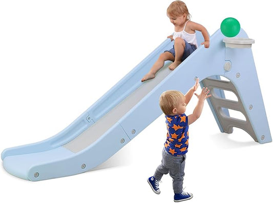Arlopu Freestanding Kids Slide, Toddler Slide Climber with Basketball Hoop & Ball, Baby Playset w/Long Slope, for Boys and Girls Birthday, Sturdy Playground Toy for Indoor Outdoor Age 3+ (Sky Blue)