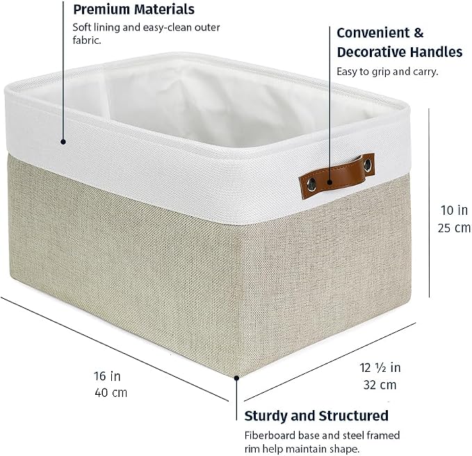 OrganiHaus 16x12.5in Storage Baskets, 3 Pack - Fabric Bins for Shelves | Vegan leather handles; a decorative linen closet organizer, towel and clothes container