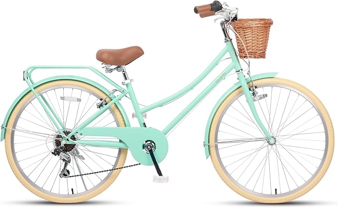 Glerc 20 24 26 Inch Beach Cruiser Bike, 6-Speed Hybrid City Bicycle for Girls Youth and Over 6 Years Old, Missy Bike with Wicker Basket & Lightweight, Multiple Colors