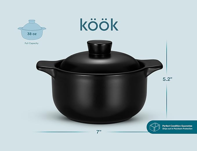 Kook Korean Dolsot Pot Set, Bowl with Lid, for Cooking Bibimbap, Kimchi, Hot Pot, Soups and Stews, Oven and Dishwasher Safe, 38 oz, Black