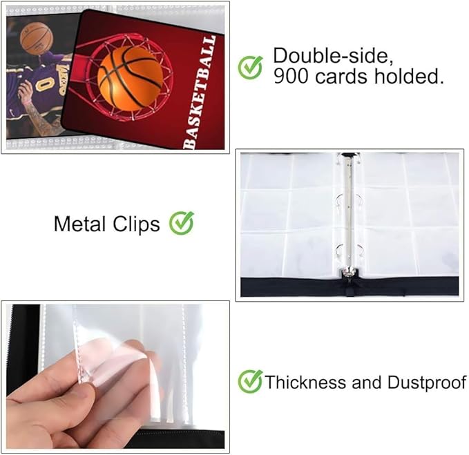 900 Pockets Basketball Card Binder Sleeves for Trading Cards, Carrying Case with Basketball Card Sleeves Album Holder Protectors for Football Baseball Sports Cards