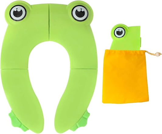 Toilet Potty Training Seat Cover, Travel Toilet Seat, Folding Non Slip Silicone Pads, Travel Portable Reusable Kids Toddlers Boys Girls, Carry Bag (Green - Frog)