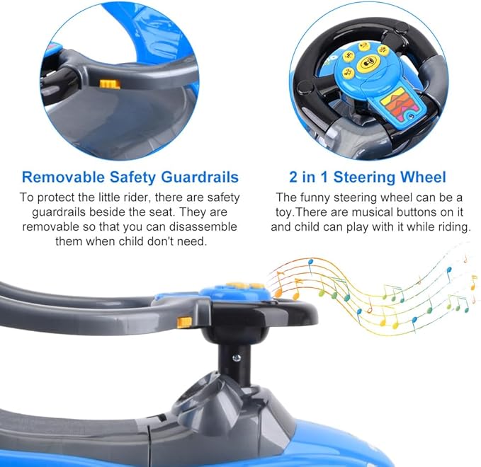 ChromeWheels 3 in 1 Ride on Push Car for Toddlers with Removable Handle/Guardrails/Pedal, Horn, Music, Under Seat Storage (Blue)