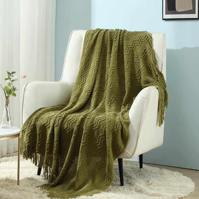 CREVENT Knitted Decorative Throw Blanket for Couch Sofa Chair Bed，Soft Warm Cozy Light Weight for Spring Summer Fall (50''X60'' Avocado Green Christmas Green)