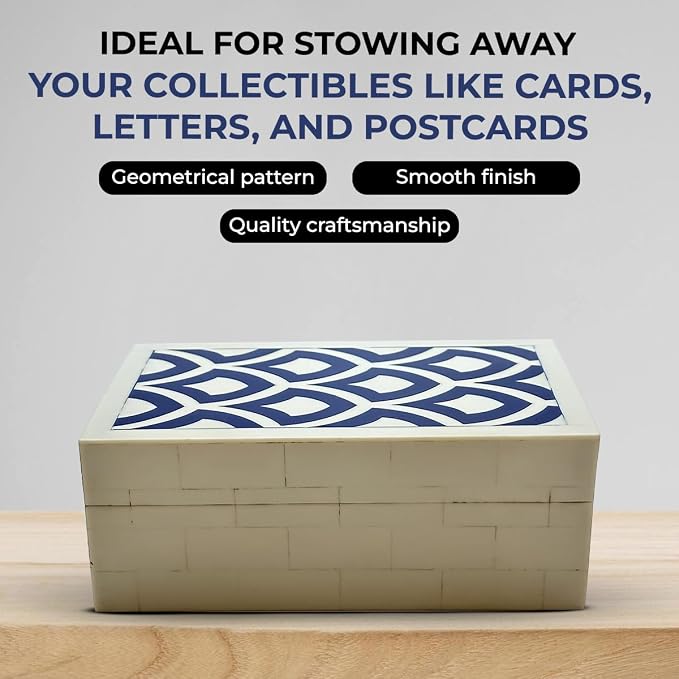 Perilla Home ﻿Home Decor Decorative Storage Wooden Box Small Rectangle Irusu Organizer Tool Stash Card Craft Book Treasure Trinket Memory Keepsake Jewelry Box Gifts For All Blue and Off White