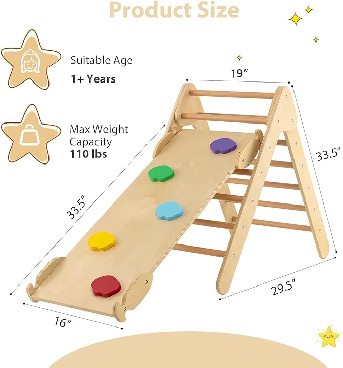 OLAKIDS Pikler Triangle Set 3 in 1 Climbing Toys for Toddlers Wood Montessori Baby Jungle Gym with Ramp Ladder Slide Kids Indoor Playground Activity Play Structure