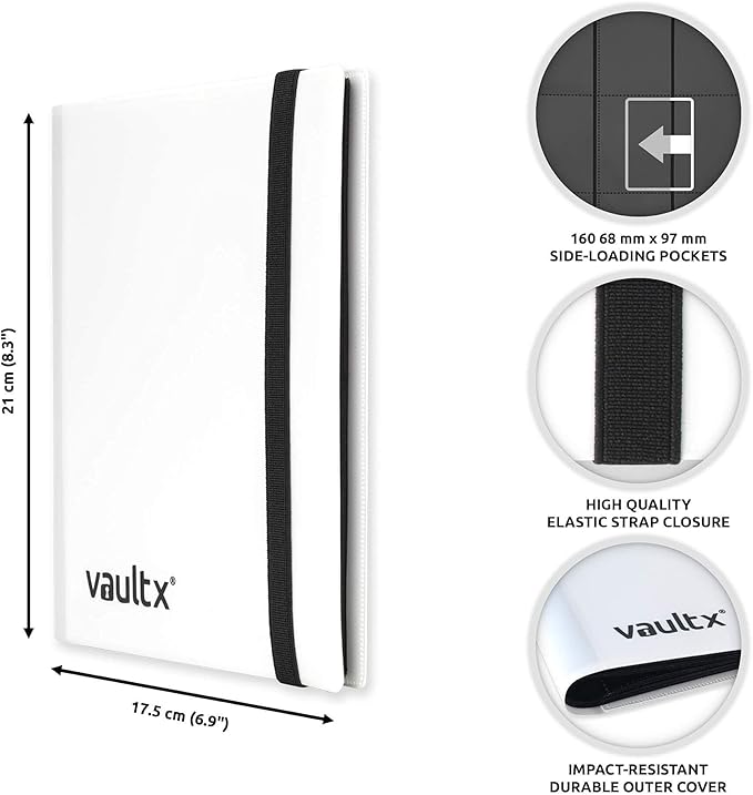 Vault X 4 Pocket Standard Strap Binder, Holds 160 Trading Cards in 20 Side-Loading Pages (White)