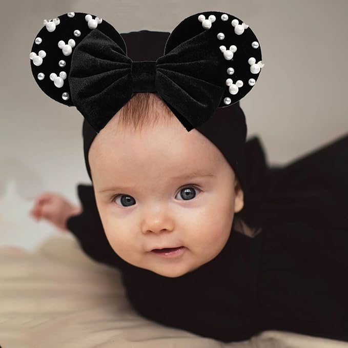 JIAHANG Black Velvet Mouse Ears Turban Headwrap with Beads, Wide Velour Hair Bow Hairband for Unisex Baby, Infants, Toddler, Kids, Newborns