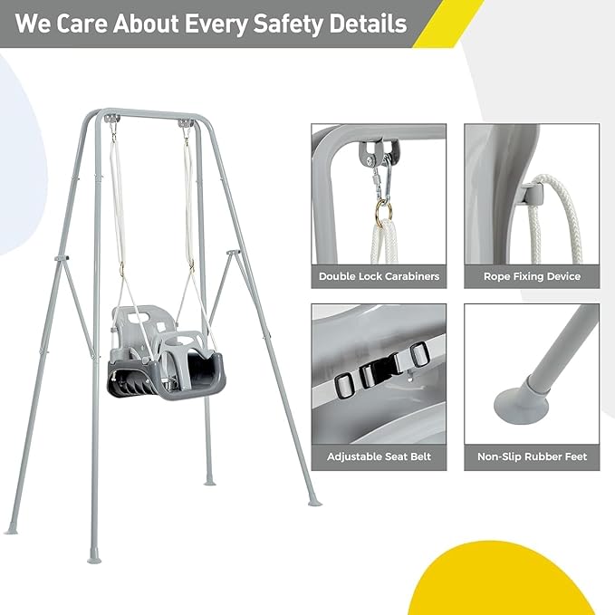 FUNLIO Toddler Swing with Foldable Metal Stand for Toddlers Aged 1~10 Years, 3-in-1 Baby Swing Set with 4 Sandbags for Backyard/Indoor/Outdoor Play, Easy to Assemble & Store, Grey