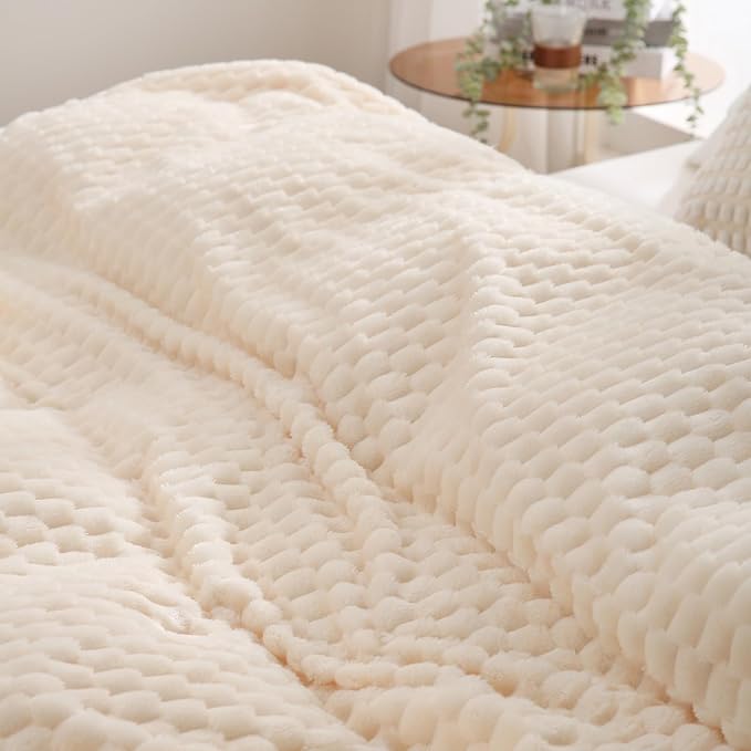 Cream White Throw Blanket 50"×60" inches Fuzzy 3D Jacquard Decorative | Flannel Fleece Super Soft Plush Cozy Blanket for Couch Sofa Chair Lightweight