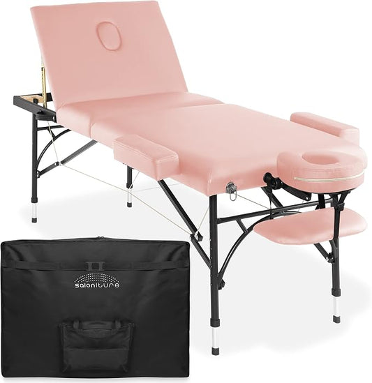 Saloniture Professional Portable Lightweight Tri-Fold Massage Table with Aluminum Legs - Includes Headrest, Face Cradle, Armrests and Carrying Case, Pink