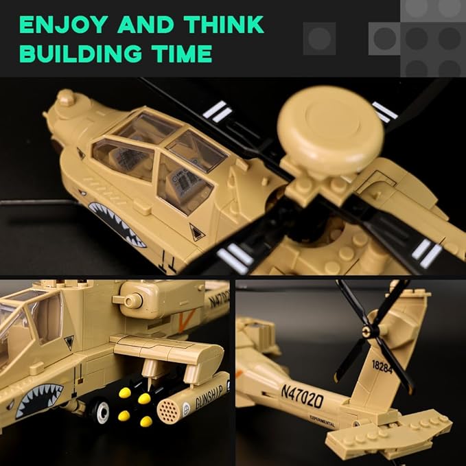 ArtorBricks AH-64 Apche Airplane Military Building Set - 223 Piece Model Kit for Adults, Collectors & Hobbyists