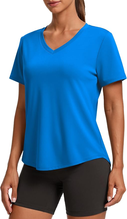 PINSPARK Soft Workout Tops for Women Short Sleeve V Neck Moisture Wicking UPF 50+ Sun Protection Quick Dry Gym Shirts