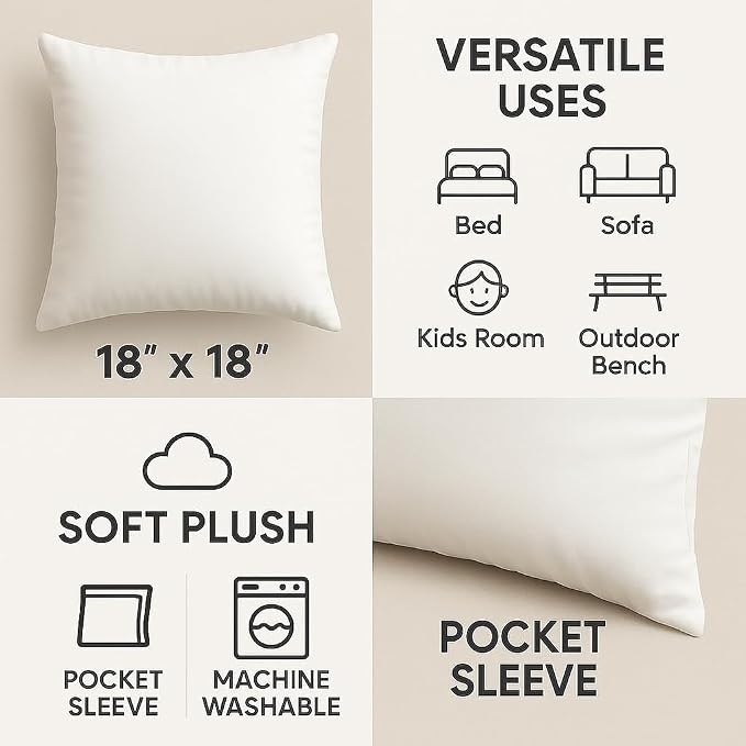 Casafoyer Throw Pillow Inserts 18x18 Set of 2, Down Alternative Cushion Stuffers