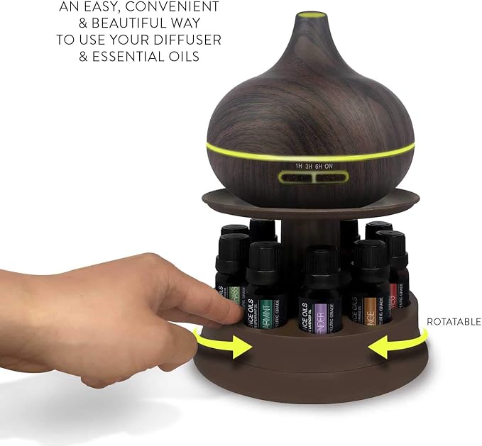 Pure Daily Care Ultimate Aromatherapy Diffuser with Essential Oil Set - 300ml Ultrasonic Diffuser, 4 Timer & 7 Ambient Light Settings - 10 Therapeutic Grade Essential Oils - Oak Wood with Stand