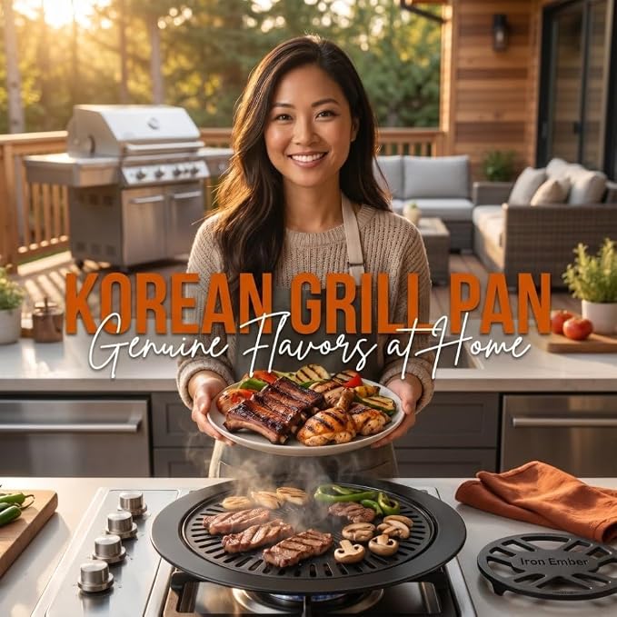 Korean BBQ Grill Pan - Round Iron Roasting Tray Nonstick Oil Drain Design 32 cm for Indoor Outdoor Barbecue Meat Vegetables