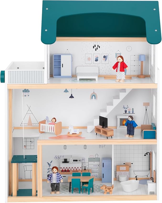 OOOK Wooden Dollhouse with Liftable Elevator - 2.6 Feet High Modern Doll House for Kids Toddlers - Including 21 Furniture Pieces, 4 Family Dolls, and 1 pet