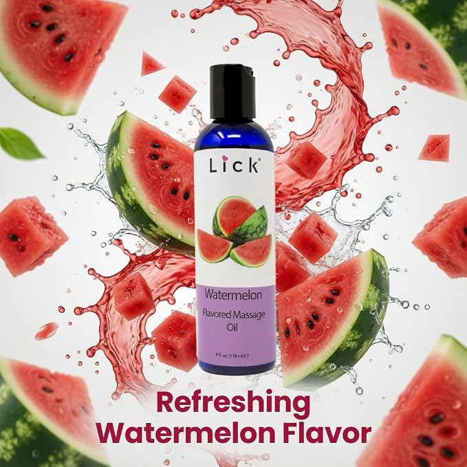 Watermelon Flavored Massage Oil for Couples – Edible Massaging Lotion with Vitamin E, Sweet Almond and Coconut Oil is Non Sticky and Gentle on Skin – Natural, Relaxing and Vegan (4 oz)