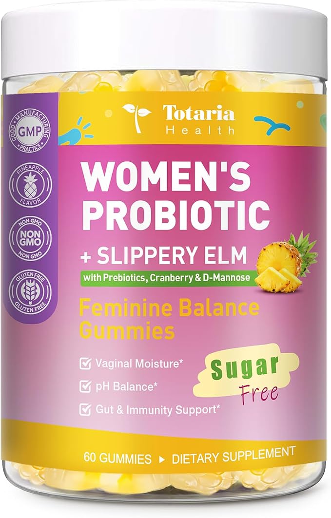 Totaria 9-in-1 Sugar Free Feminine Probiotics Gummies - Vaginal Flora & pH Balance, 50 Billion CFU with Prebiotic, Slippery Elm, Cranberry, for Vaginal, Urinary Tract & Gut, Hawaiian Pineapple, 60 Ct