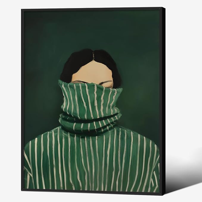 Emerald Green Feminine People Wall Art Retro Abstract Stripe Poster Funky Minimalist Eclectic Canvas Prints 08x10 inch Black Framed for Bedroom Apartment Dorm Wall Decor