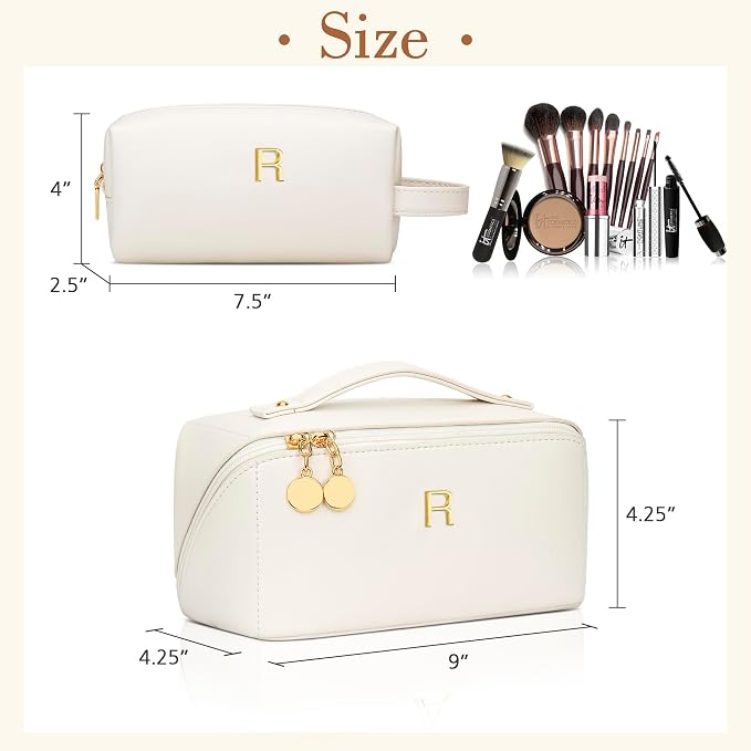 KKXIU Initial Makeup Bag for Women - Personalized Makeup Bag Gifts for Women, Travel Toiletry Bag with PU Leather, Open Flat Design with Top Handle, Cosmetic Bag Set with Multi-Pocket (Beige,R)