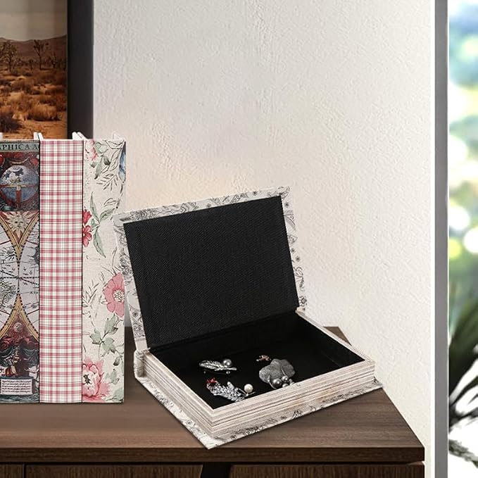 Decorative Wooden Book Box - Vintage Faux Book Boxes for Home Decor, Secret Storage with Magnetic Closure, Antique Style, Floral Linen Cover, Perfect for Home Office Bookshelf, 10x7x1.6 Inches