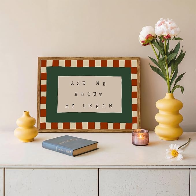 Framed Ask Me About My Dream Wall Art, Retro Red Green Checkered Pictures Wall Decor, Mid Century Modern Minimalist Text Paintings Canvas Prints for Home Living Room Bedroom 16x24 inch