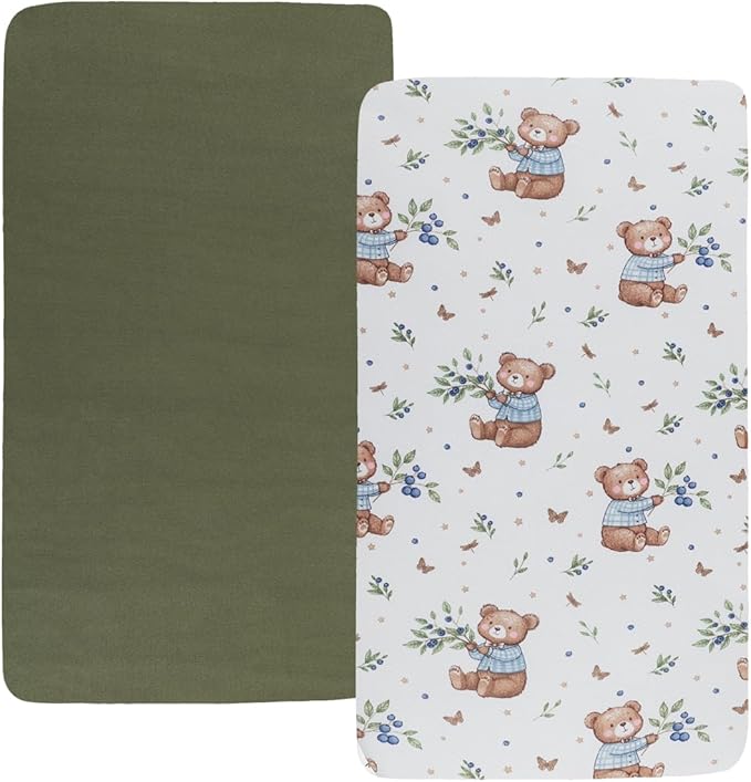 Stretchy Fitted Crib Sheets Set 2 Pack Portable Crib Mattress Topper for Baby Girl Boy,Ultra Soft Jersey Material, Light Green & Bear Leaf