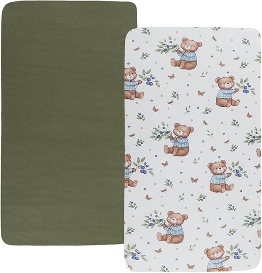 Stretchy Fitted Crib Sheets Set 2 Pack Portable Crib Mattress Topper for Baby Girl Boy,Ultra Soft Jersey Material, Light Green & Bear Leaf