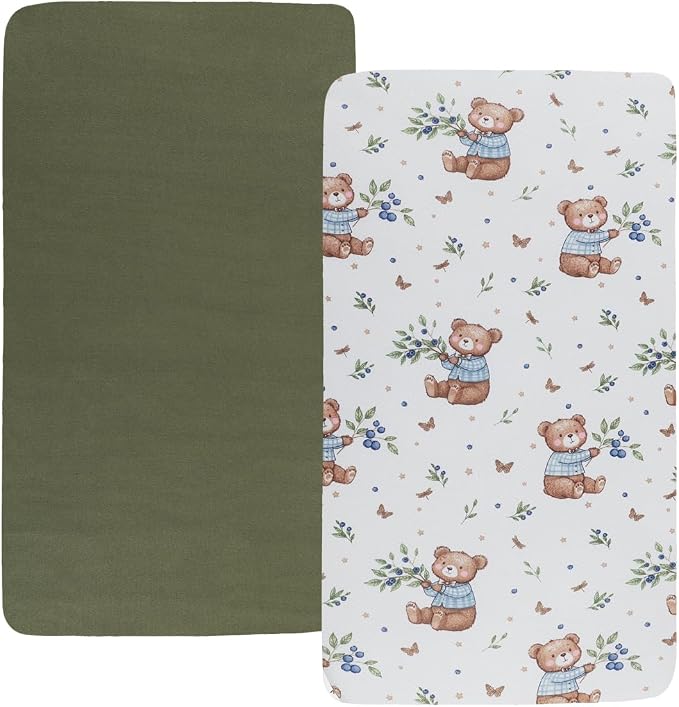 Pack n Play Sheet Stretchy Fitted Portable Mini Crib Sheets Set 2 Pack,Playard Sheets Convertible Playard Mattress Cover,Ultra Soft Jersey Material, Light Green & Bear Leaf