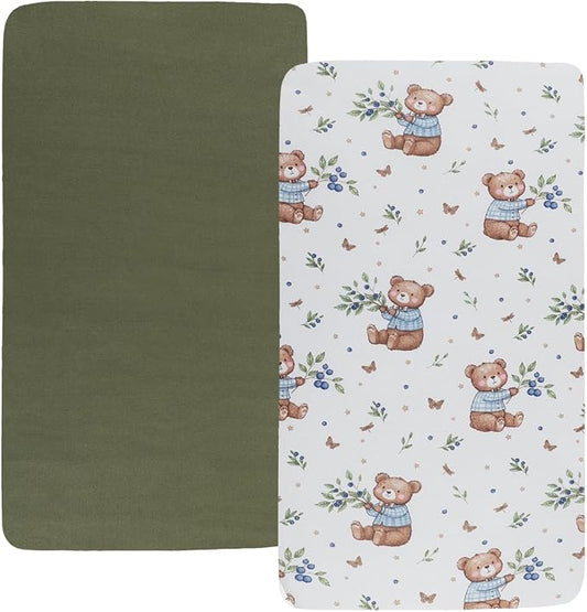 Pack n Play Sheet Stretchy Fitted Portable Mini Crib Sheets Set 2 Pack,Playard Sheets Convertible Playard Mattress Cover,Ultra Soft Jersey Material, Light Green & Bear Leaf
