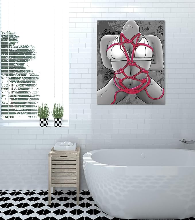 Yeesjoee Sexy Woman Nude Pink String Canvas Wall Art, Graffiti Text Body Line Art Printing with Straps Bikini Pictures, Modern Abstract Artwork Decor for Bathroom Personalized Space, 18x24 in Framed