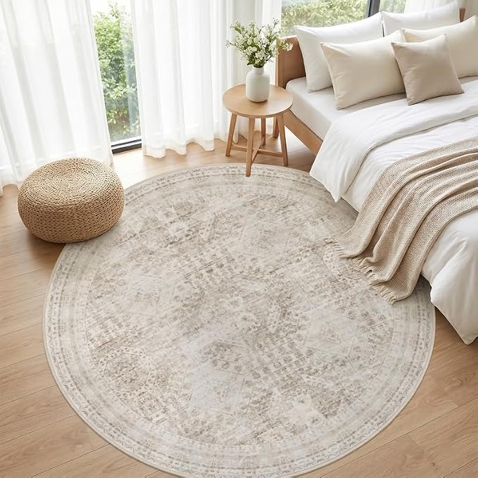 Round Area Rug for Living Room: 6ft Vintage Boho Neutral Washable Circle Rug Soft Large Circular Carpet for Bedroom Nursery Farmhouse Dining Room Office Floor Non-Slip Low Pile Under Table Rug Brown