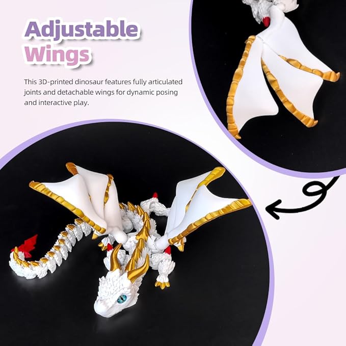 3D Printed Dragon with Wings,3D Printed Animals Toys, Fidget Dragon Toys, Flexible Articulated Winged Crystal Dragon Model,Desktop Pet Deco (White-Gold)